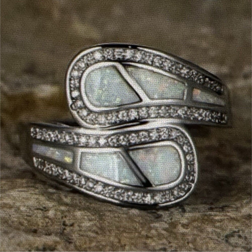 Silver Band Ring with Opal Inlay and Accent Stones